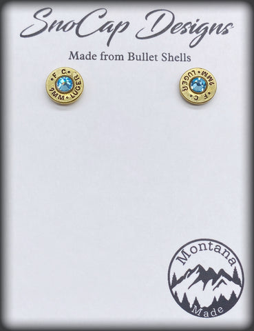 F.C. 9mm Luger Bullet Shell Studded Earrings with Light Blue Swarovski Crystals