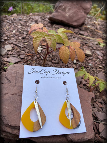 Fork Tine & Yellow Wood Resin Earrings