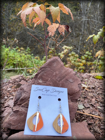 Fork Tine & Orange Resin Wood Earrings